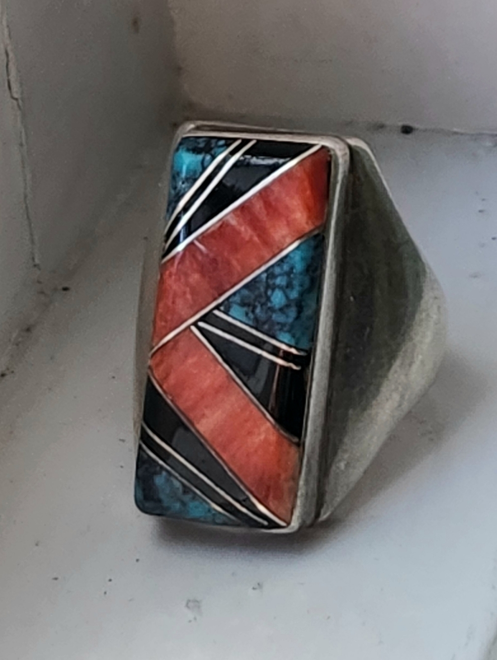 VINTAGE NAVAJO STERLING SILVER MENS RING WITH SPINY OYSTER, ONYX TURQOUISE SZ 10 - Picture 7 of 12
